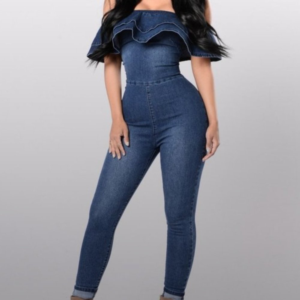 Fashion Nova Banjul Ruffled Denim Jean Jumpsuit s
